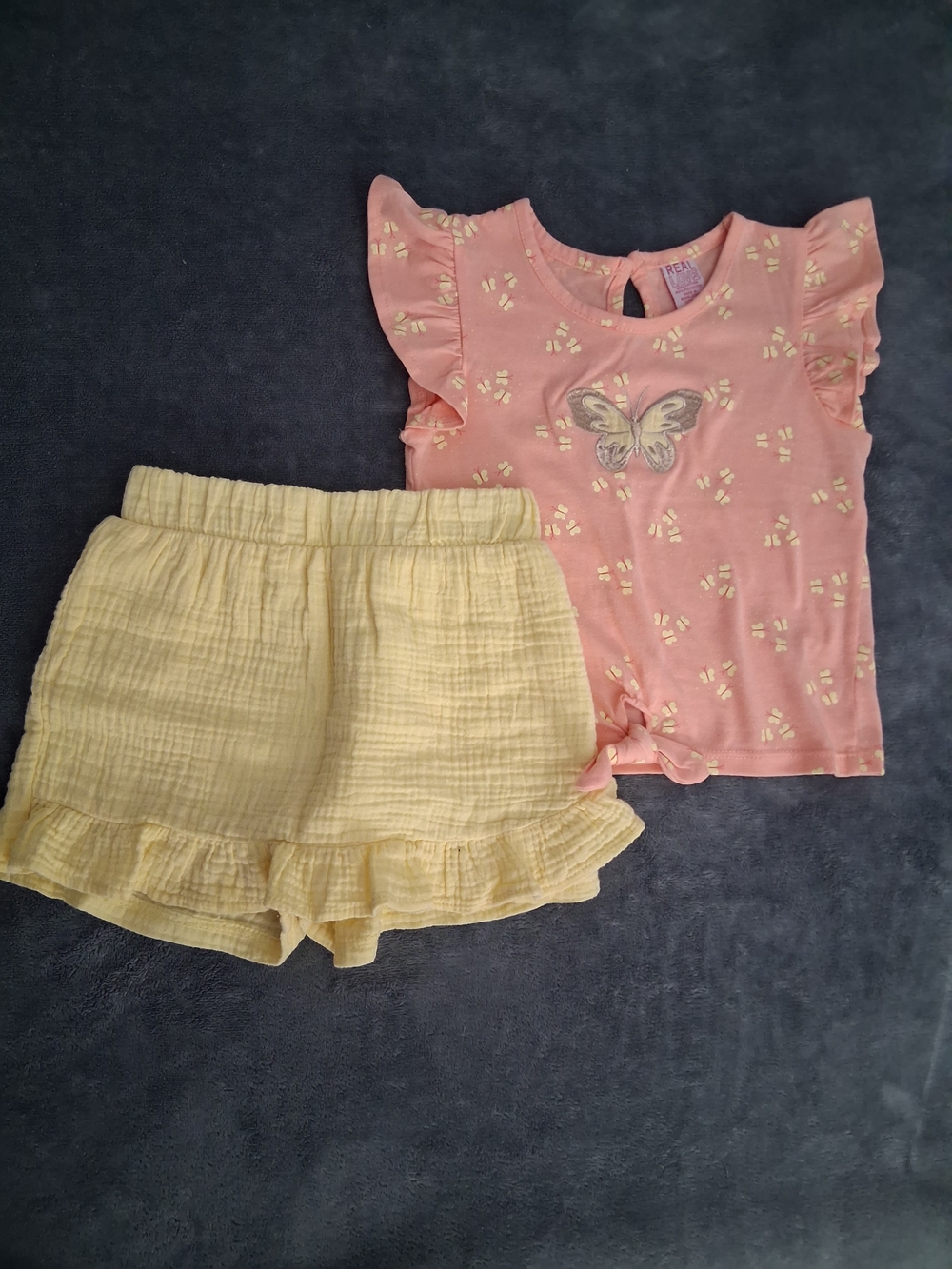 Girls Pink Butterfly Top & Yellow Ruffle Shorts Matching Set